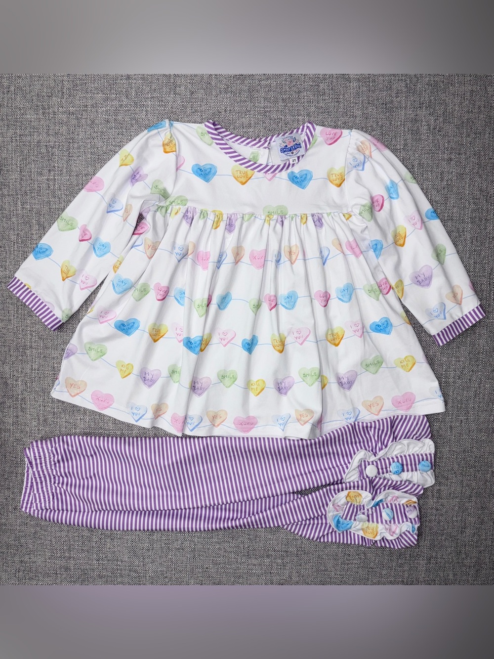 Girls White Heart-Print Pajama Set with Purple Striped Pants